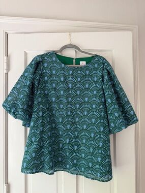 Women's Teal Patterned Bell Sleeve Blouse